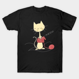 Yellow Knitting Cat - Black T-Shirt